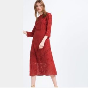 Zara Red Embroidered Midi Dress